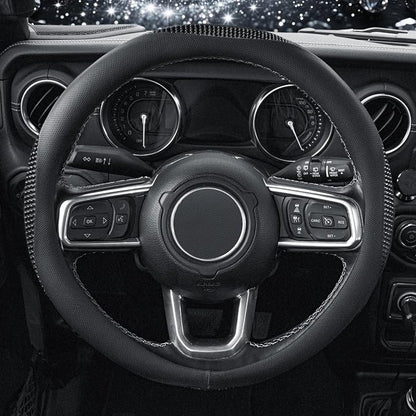 KAFEEK Sparkly Diamond Steering Wheel Cover, Bling Rhinestone Breathable Leather Car Protector, Universal 15 Inch Fit for Women Girls, Anti-Slip Comfortable, Black