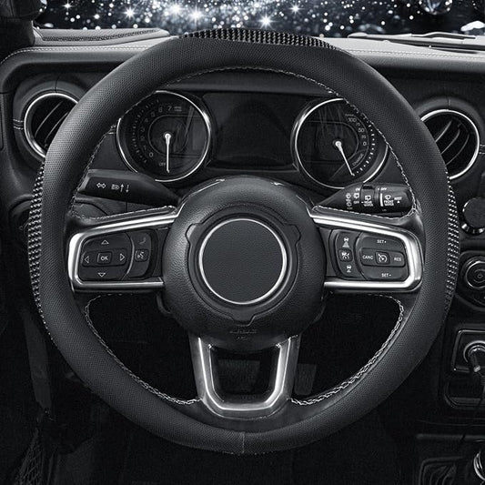KAFEEK Sparkly Diamond Steering Wheel Cover, Bling Rhinestone Breathable Leather Car Protector, Universal 15 Inch Fit for Women Girls, Anti-Slip Comfortable, Black