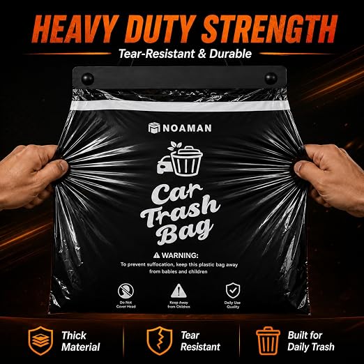 Noaman 50PCS 1 Pack Car Trash Bags, 2.5 Gal Disposable Garbage Bags for Car, SUV, Truck and RV, Leak-Resistant Odor-Control Bags, Stick-On or Headrest Mount, Alternative to Car Trash Can, Black