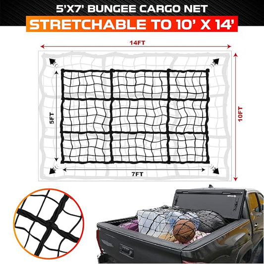 [Premium] 5'x7' Heavy Duty Cargo Net Stretches to 10' x 14', Extra Thick 10mm Cord Bungee Cargo Netting for Pickup Truck Bed, Roof Rack Net & 12 PCS Steel Carabiners