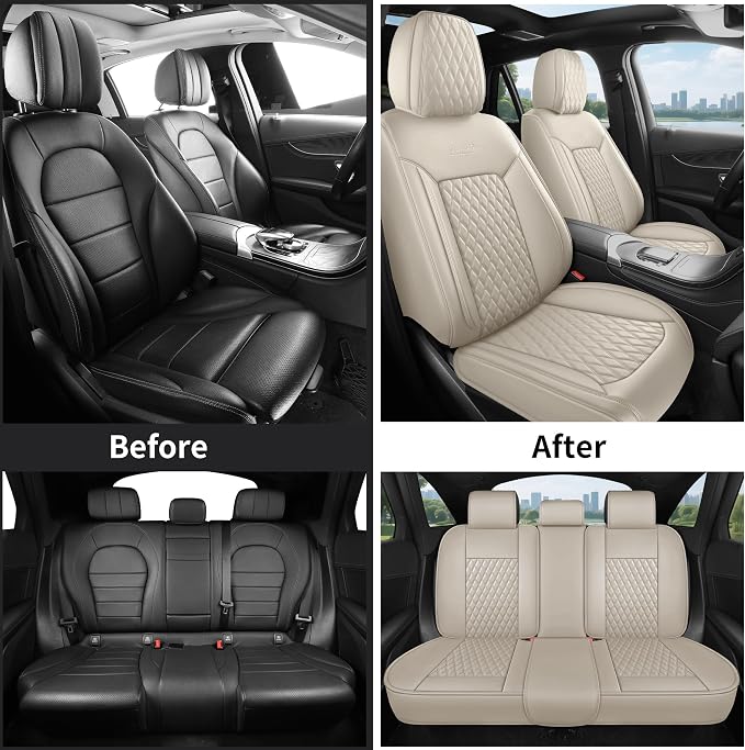 Beige Leather Car Seat Covers Full Set,High-Density Contoured Nappa Leather Universal Precision Fit Automotive Seat Covers,Waterproof Car Seat Protector,forros para asientos de carro,Style1 Beige