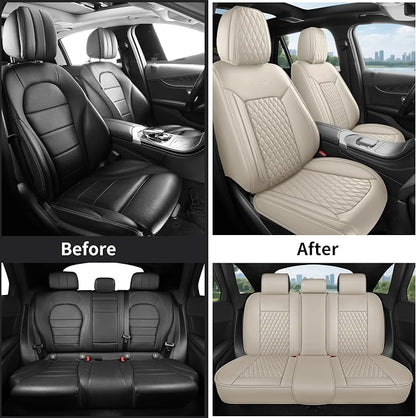 Beige Leather Car Seat Covers Full Set,High-Density Contoured Nappa Leather Universal Precision Fit Automotive Seat Covers,Waterproof Car Seat Protector,forros para asientos de carro,Style1 Beige