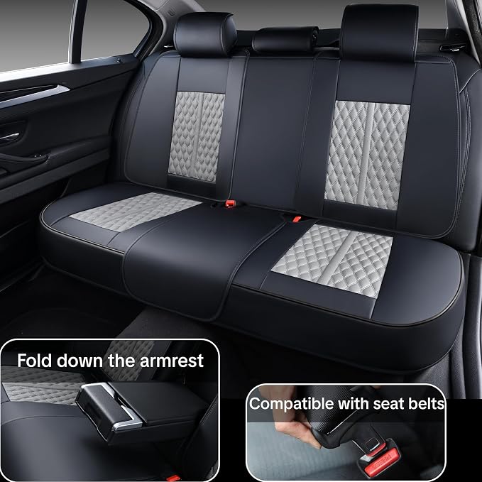 Car Seat Cover Full Set, Universal Car Seat Cover for Cars, Black and Gray, with Lumbar Support, Premium Artificial Leather, Waterproof and Easy to Clean, Airbag Compatible