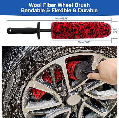 5 Pack Car Wheel and Tire Cleaner Brushes Kit Auto Motorcycle Rim Ultra Soft Microfiber No Spatter Bendable Woolies Bristle Cleaning Set (Red & Black)