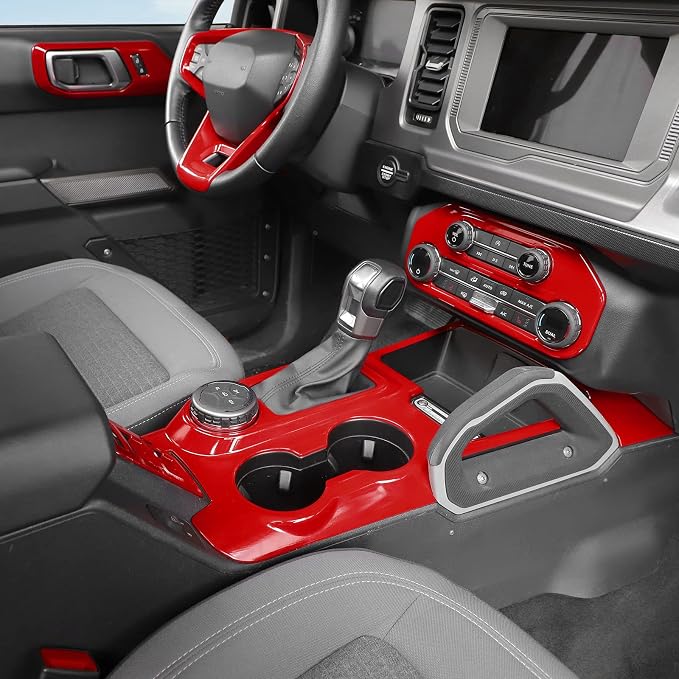 9PCS Full Set Interior Trim Kit Fit for Ford Bronco 2021-2024 4 Door,Center Console Gear Shift Panel Inner Door Handle (Red)