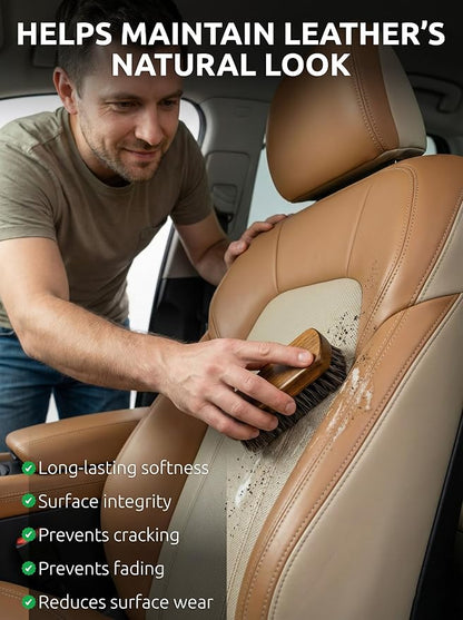TAKAVU Leather & Upholstery Cleaning Brush Set, 100% Horse Hair Bristle, to Clean Car Seats & Leather Sofas, for Alcantara, Interiors, Furniture, Boots, Shoes, Bags and More