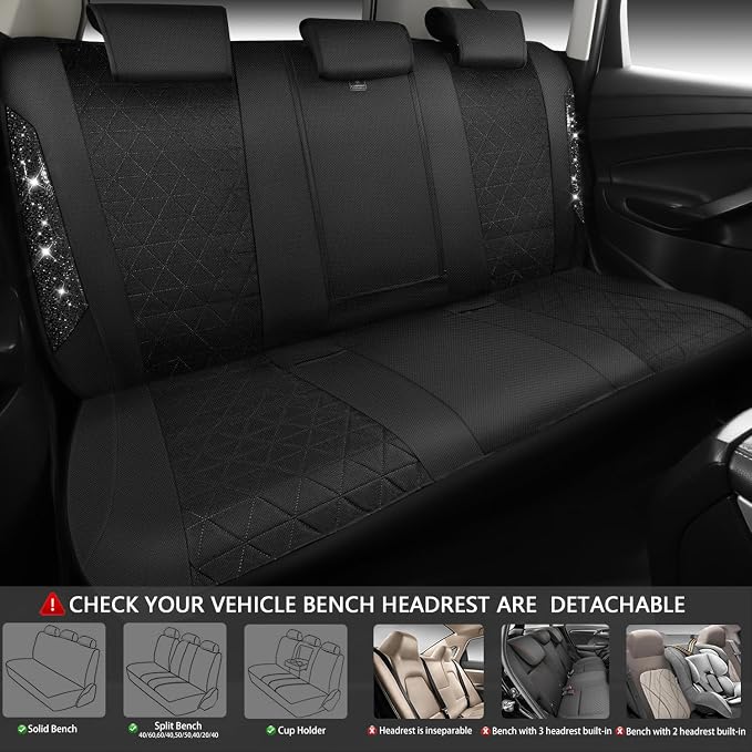 CAR PASS Oxford Bling Diamond Car Seat Covers Full Set Interior Sets, Waterproof Shining Glitter Sparkly Crystal Universal Armrest Fit 95% Automotive Truck SUV Cute Women Girl, All Black Rhinestone