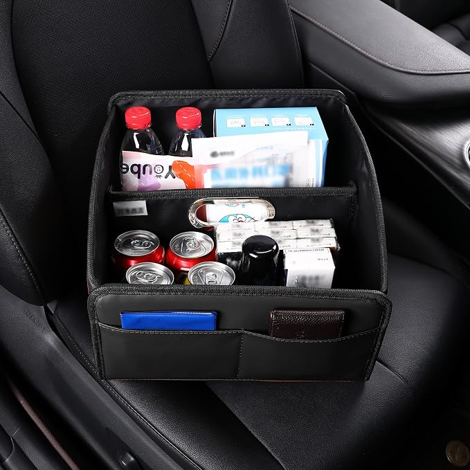 Car Storage Organizer [2025 UPDATED] Leather Car Caddy Basket for Front Seat Floor Back Seats Metal Handle 6 Compartments Adjustable Strap Buckles Slip-Resistant (Black)