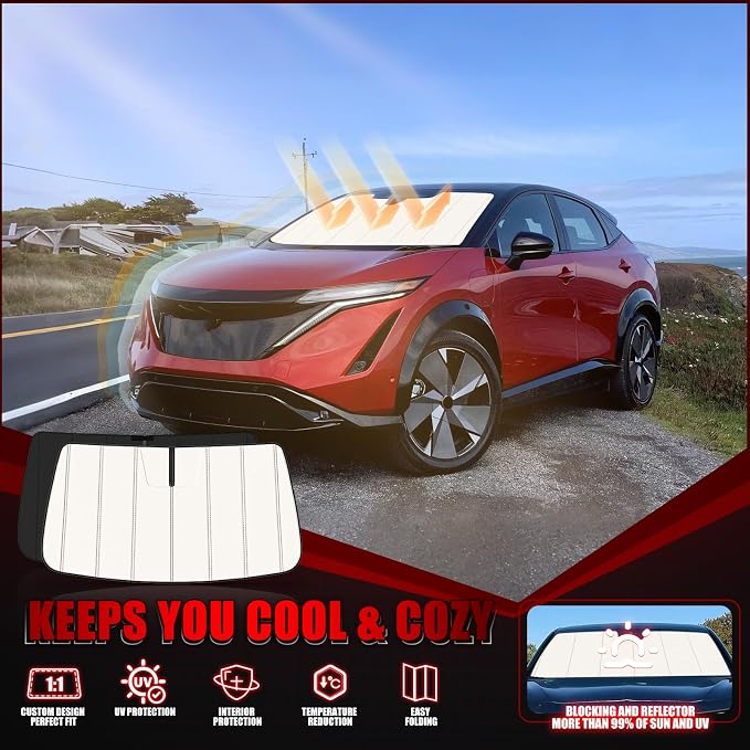 Windshield Sun Shade for Nissan Ariya EV 2023-2026, Front Window Visor Accessories, Folding Design Blocks Heat & UV Rays Maintain Cool Interior and Save Space