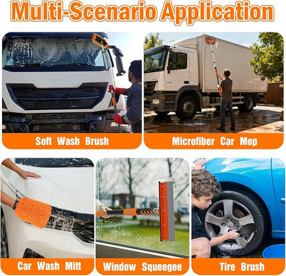 LAANPOLE 16FT Car Wash Brush with Long Handle, Car Cleaning Kit with Soft Bristle Wash Brush, Microfiber Cleaning Mop, Window Squeegee, Mitt, Wheel Brush for RV, Truck, Boat, House Siding