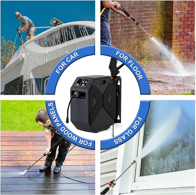 5000PSI Wall Mounted PowerWasher with 4 Quick Connect Nozzles, Foam Cannon for Car, Lane, Patio Cleaning