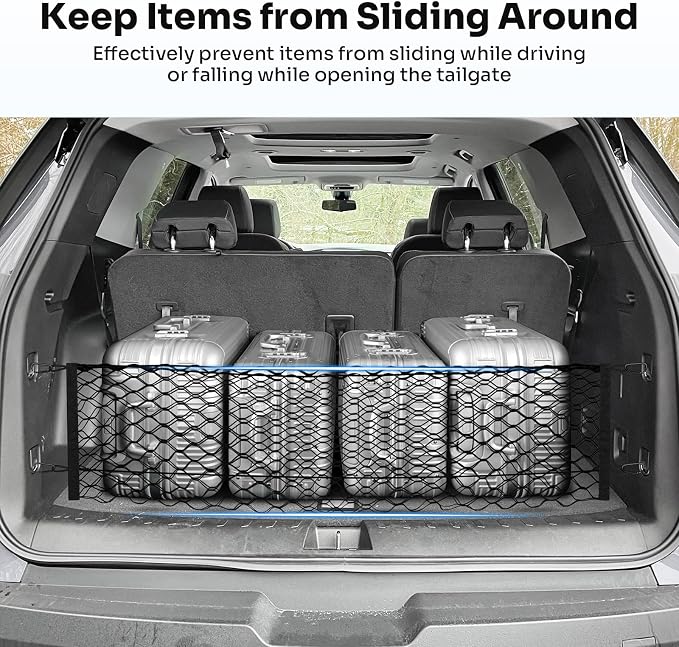 Canvcle Trunk Cargo Net for 2018-2025 2026 Chevrolet/Chevy Traverse Accessories Envelope Style Mesh Trunk Net Organizer and Storage Stretchable Adjustable Elastic Nylon Rear Cargo Netting with Hooks