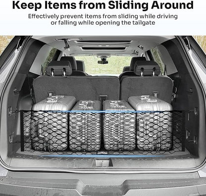 Canvcle Trunk Cargo Net for 2018-2025 2026 Chevrolet/Chevy Traverse Accessories Envelope Style Mesh Trunk Net Organizer and Storage Stretchable Adjustable Elastic Nylon Rear Cargo Netting with Hooks