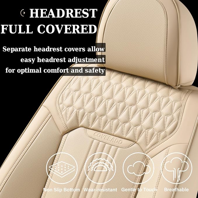 Coverado Seat Covers Full Set, Leather Car Seat Cover, Waterproof Car Seat Protector, Automotive Seat Covers Car Seat Cushion Universal Fit for Most Cars, Beige
