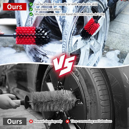 Wheel Brush, Soft Drill Wheel Cleaner Brush, Drill Brush for Car Wheel, No Scratches Highly Dense and Durable Car Wheel Brush Rim Tire Car Cleaning Brush for Wheels, Rims, Engines, Exhaust