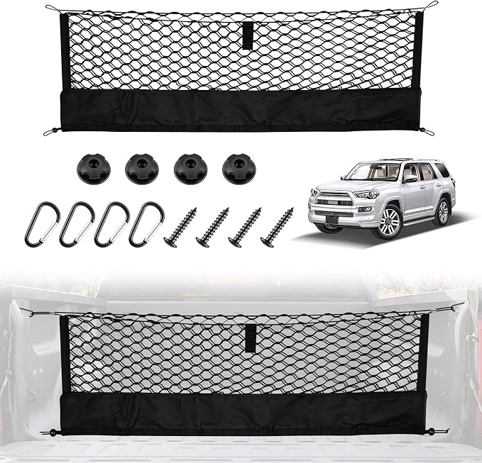 Amiss Truck Bed Cargo Net with Bottom Organizer, Compatible with Toyota 4Runner 2010-2024, Portable Storage for Pickup Cargo and Heavy Duty Hook, Exterior Accessories for Car SUV Truck