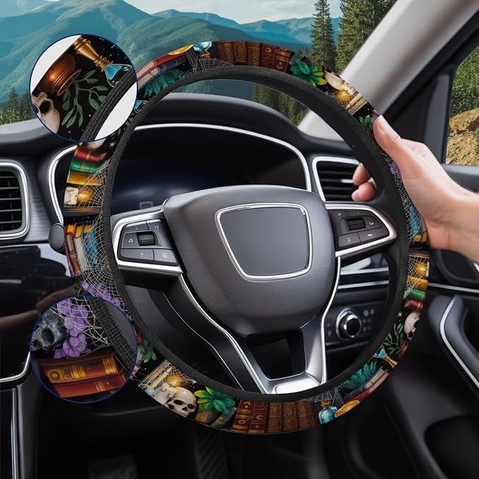 GENANY Reading Books Steering Wheel Cover, Non Slip Polyester Car Wheel Protector for Car SUV Truck, Universal 15 Inch
