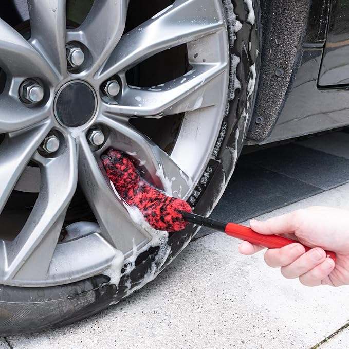 4 Pack Car Wash Brush Wheel Cleaning Woolies Brush Detailing Brush and Stiff Tire Brush Tires Wheel Brushes for Cleaning Wheels for Wheels, Rims, Carpet, Truck, SUV, Moto, RV, Motorcycle