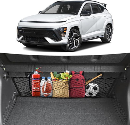 Canvcle Trunk Cargo Net for 2024-2026 Hyundai Kona Accessories Envelope Style Mesh Trunk Net Organizer and Storage Stretchable Adjustable Elastic Nylon Rear Cargo Netting with Hooks