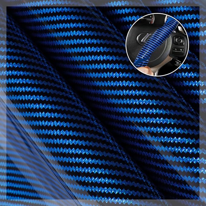 Car Steering Wheel Cover Set Bright Carbon Fiber Wrap Non-Slip 3pcs Steering Wheel Accessories 14.5-15 inch Universal (Blue)