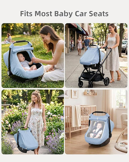 Rquite Car Seat Cover Baby Girl Boy, 100% Muslin Cotton Carseat Covers, Breathable Infant Windproof Canopy with Mesh Window, Stroller Sun Shade for Summer & Hot Day, Baby Blue