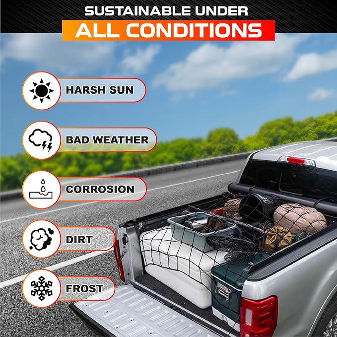 [Premium] 5'x7' Heavy Duty Cargo Net Stretches to 10' x 14', Extra Thick 10mm Cord Bungee Cargo Netting for Pickup Truck Bed, Roof Rack Net & 12 PCS Steel Carabiners
