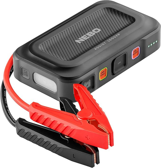 NEBO Assist 1000A Jump Starter | 1000 Peak Amps, Portable Battery Booster Pack for 12V Vehicles, Spark-Proof, USB-C Rechargeable Power Bank, LED Emergency Light, Compact 3-in-1 Roadside Kit