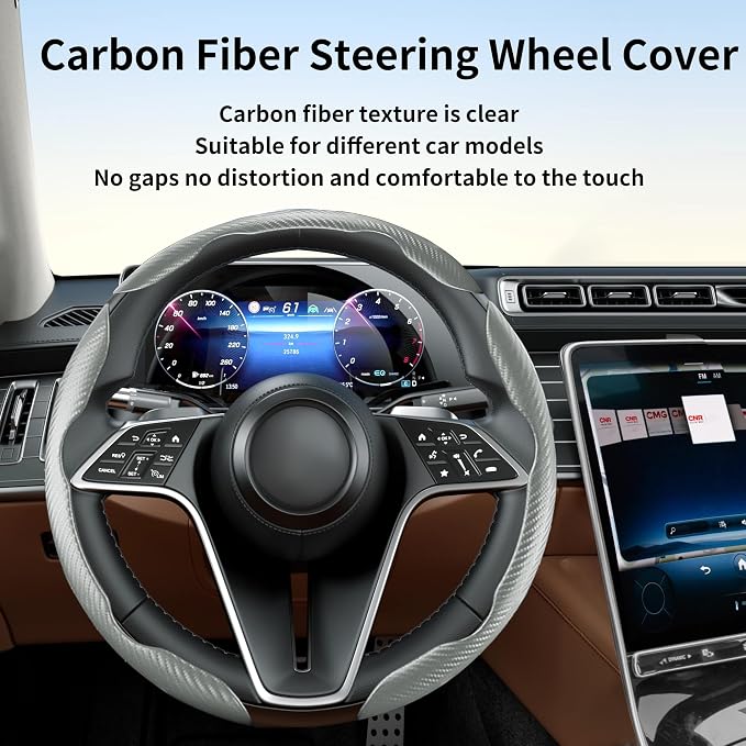 Carbon Fiber Steering Wheel Cover, 3-Piece Set Anti-Skid Comfortable Grip Segmented Butterfly Design, Easy Snap-On Installation Universal Fit 99% Cars, Gray