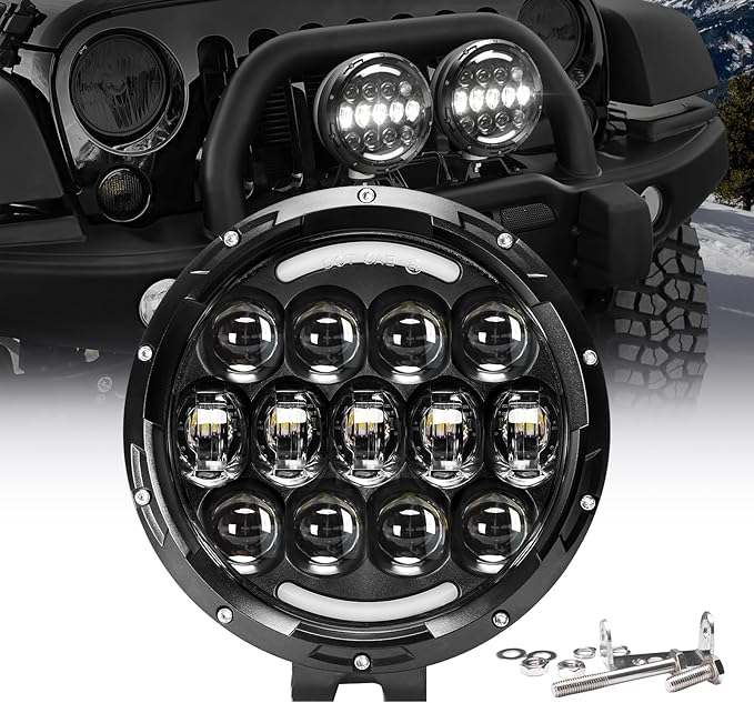 AUDEXEN LED Work Lights, 7 Inch 105W Round Spot LED Pods Light Bar High/Low Beam DRL with Adjustable Mounting Bracket Compatible with Jeep Off Road 4WD Truck SUV UTV ATV Driving Lamp - 1pcs