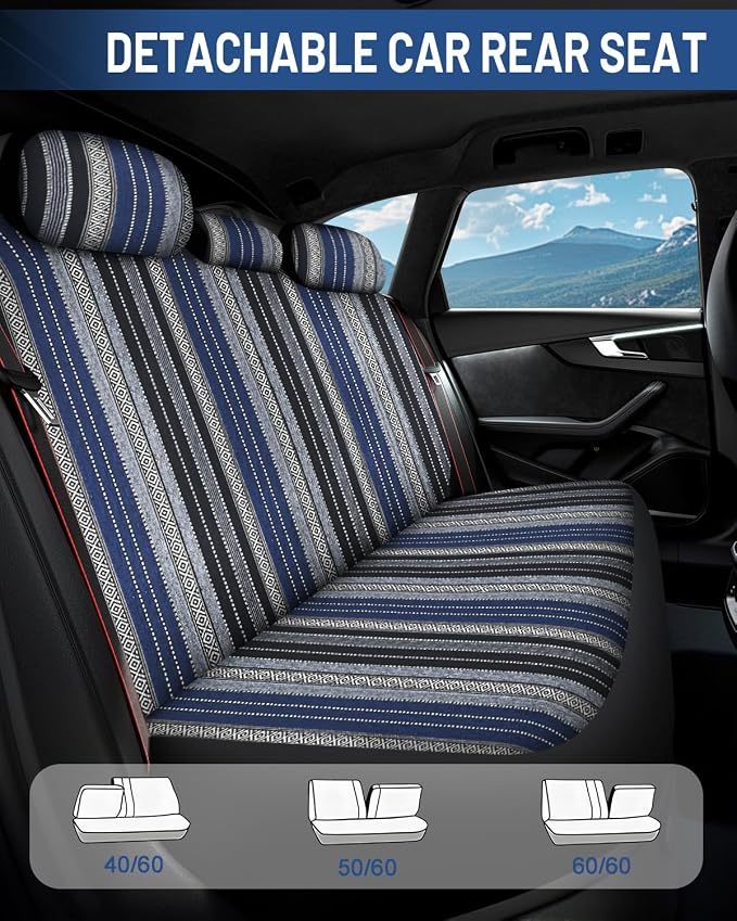 Baja Saddle Blanket Car Seat Covers Front Set with Seat Belt Pads, Washable Breathable Striped Woven Cloth Seat Covers for Cars, SUV, Truck, Airbag Compatible(Blue)