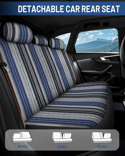 Baja Saddle Blanket Car Seat Covers Front Set with Seat Belt Pads, Washable Breathable Striped Woven Cloth Seat Covers for Cars, SUV, Truck, Airbag Compatible(Blue)