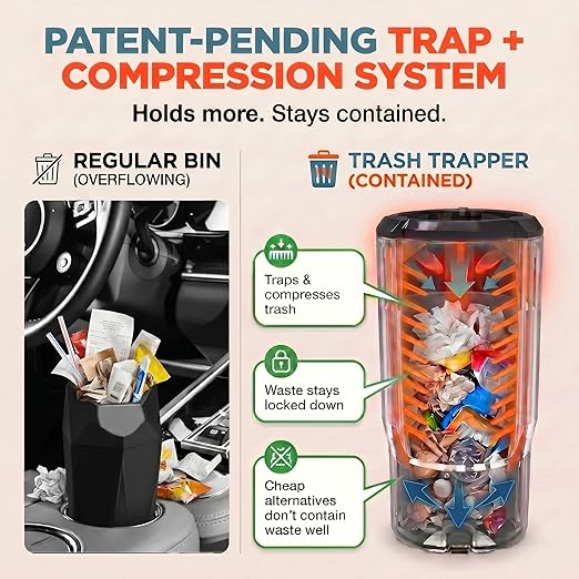 Trash Trapper Car Trash Can Cup Holder | Mini Car Trash Can | Fits in Most Doors | 5.1" x 2.9" | Traps More & Empties Less, Patent-Pending Compaction, Holds Weeks of Small Garbage, Black/Teal