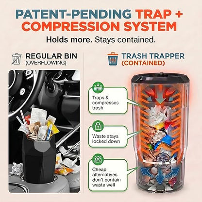 Trash Trapper Car Trash Can Cup Holder | Mini Car Trash Can | Fits in Most Doors | 5.1" x 2.9" | Traps More & Empties Less, Patent-Pending Compaction, Holds Weeks of Small Garbage, Black/Orange