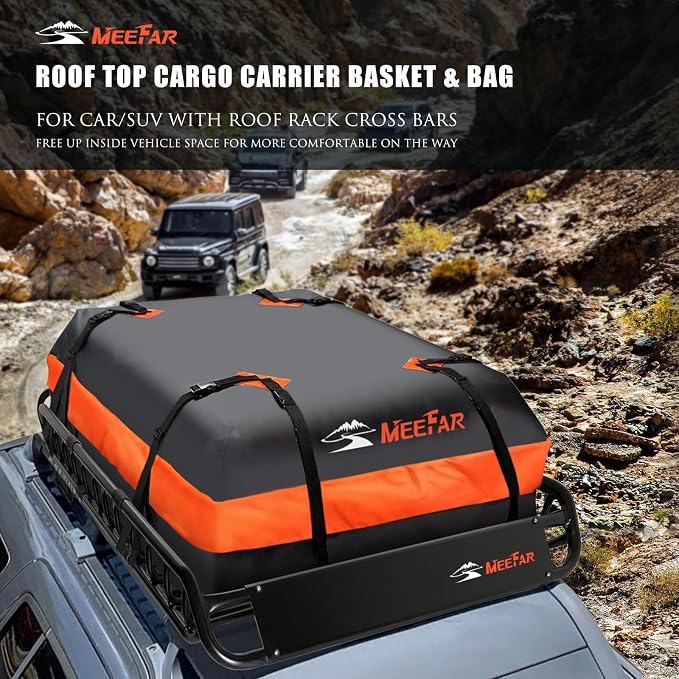 Roof Rack Cargo Carrier Basket 51"*36"*5"+Waterproof Bag 15 Cubic Feet(44"*34"*17"),and Cargo Net with Attachment Hooks,Ratchet Straps.200 Lbs Capacity,Universal Rooftop Large Size Roof Rack