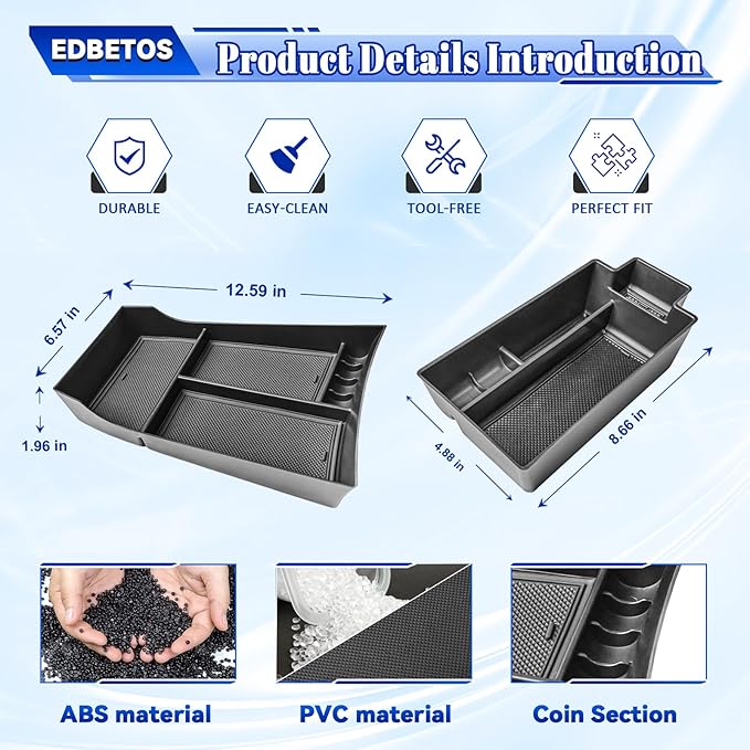 EDBETOS 2PCS/Set Center Console Organizer Compatible with Nissan Rogue 2021-2023 2024 2025 2026 Interior Accessories Lower Console Armrest Secondary Storage Box Pallet Middle Insert Tray Black ABS