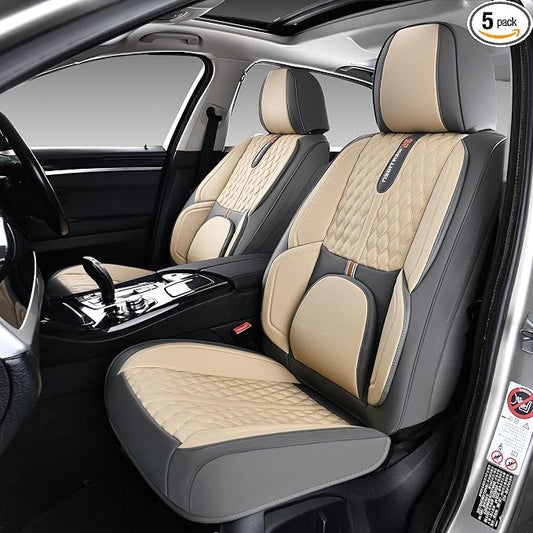 Khaki Car Seat Cover Complete Set, Universal Car Seat Cover for Car with Lumbar Support, Premium Artificial Leather, Waterproof and Easy to Clean, Airbag Compatible, Seat Heating Compatible