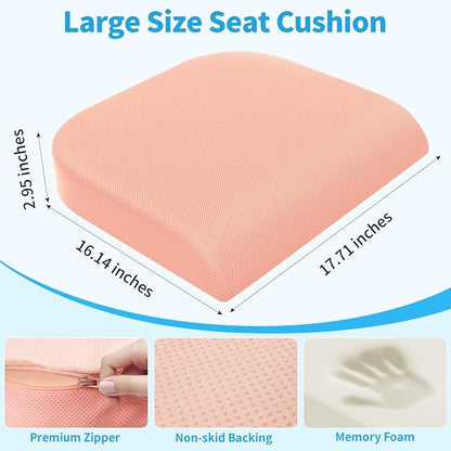 TranquilRelax Large Seat Cushion, Memory Foam Cushion for Long Sitting Hours on Office Chair, Home & Car, Non-Slip Chair Pad for Relieving Back & Sciatica & Hip & Coccyx Pain (Pink)