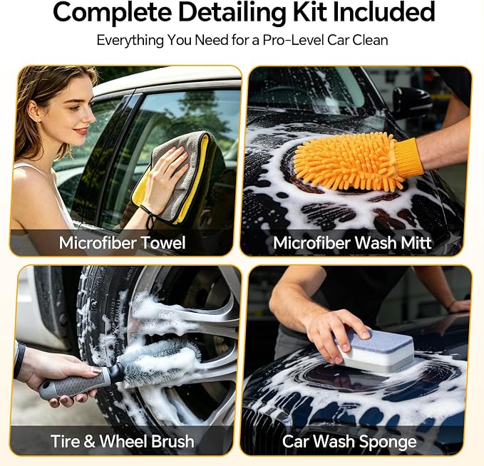 7-in-1 Car Wash Kit with 20L Collapsible Bucket, 15° Curved Mop with 40.5" Long Handle, 0.84mm Reinforced Aluminum Pole, Professional Car Cleaning Supplies for SUV, Trucks & RVs-Yellow.