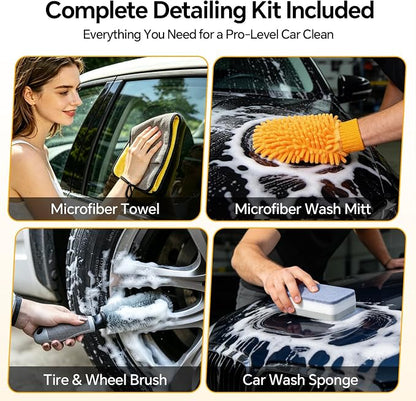 7-in-1 Car Wash Kit with 20L Collapsible Bucket, 15° Curved Mop with 40.5" Long Handle, 0.84mm Reinforced Aluminum Pole, Professional Car Cleaning Supplies for SUV, Trucks & RVs-Yellow.