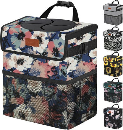 Vankor Car Trash Can for Car Cute, Trash Bag Bin Hanging Waterproof Automotive Garbage Cans Leak Proof Vehicle Trash Can Painting Floral
