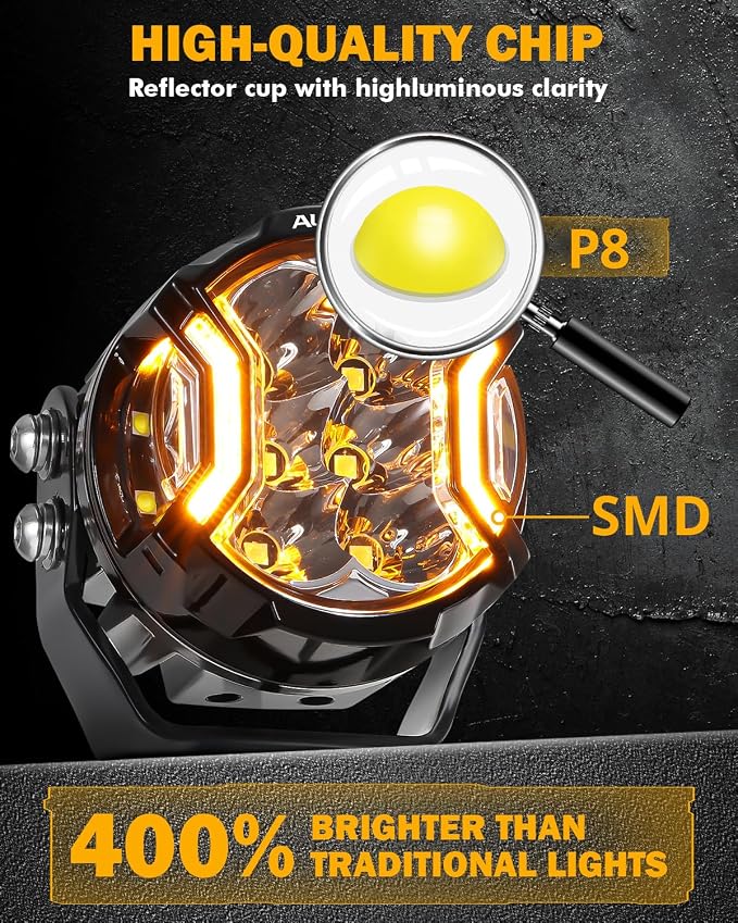 Auxbeam 3 Inch Round Driving Lights, 108W Side Shooter Offroad Pod Lights with Amber DRL, 270° Ultra-Wide Ditch Light Hyper Spot Beam Work 3 Modes White Amber Yellow Cube Pod with Covers, Pair