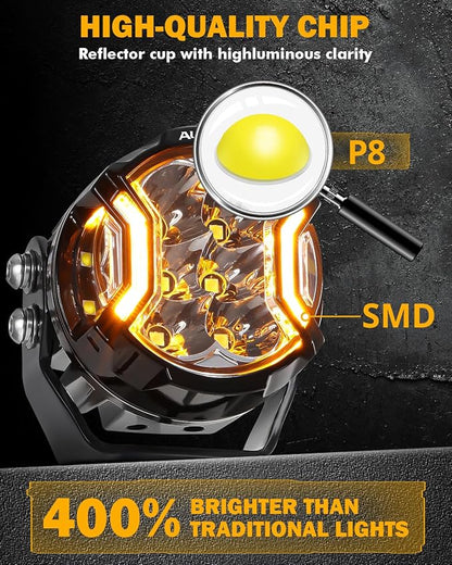 Auxbeam 3 Inch Round Driving Lights, 108W Side Shooter Offroad Pod Lights with Amber DRL, 270° Ultra-Wide Ditch Light Hyper Spot Beam Work 3 Modes White Amber Yellow Cube Pod with Covers, Pair