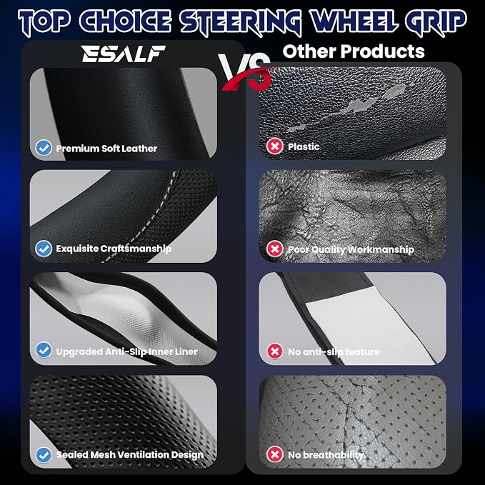Soft Leather Steering Wheel Cover with Breathable Design and Anti-Slip Grip, Fully Compatible with Tesla, Toyota, Honda, Nissan 14.5-15.2 inch Round Steering Wheel（Sedans and SUVs）