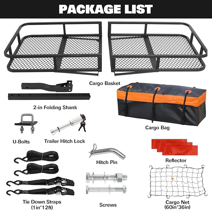 WEIZE Folding Hitch Mount Cargo Carrier Basket 60" x 20" x 6" with Waterproof Bag, Net, Strap, 2-Inch Folding Shank, 500 lbs Capacity Hitch Rack, Steel Construction
