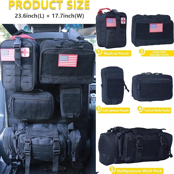 Universal Tactical Car Seat Back Organizer Bag Tactical Molle Vehicle Organizers Panel Vehicle Protector Organizers with 5 Detachable Pouches for Car Truck Ford Jeep (Upgraded D model Black)
