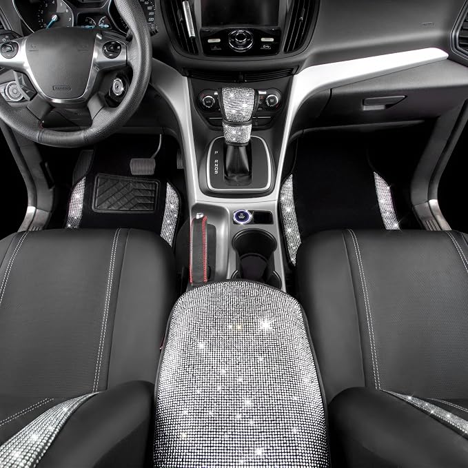 CAR PASS Rhinestone Bling Diamond Car Seat Covers Leather Shining Car Floor Mats Carpet Waterproof Anti-Slip Nibs Car Accessories Interior Sets for Women Silver Glitter White Sparkly Crystal