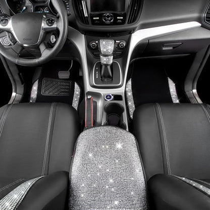 CAR PASS Rhinestone Bling Diamond Car Seat Covers Leather Shining Car Floor Mats Carpet Waterproof Anti-Slip Nibs Car Accessories Interior Sets for Women Silver Glitter White Sparkly Crystal