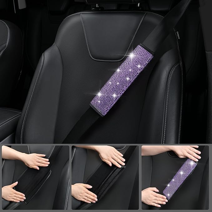 CAR PASS 11PCS Bling Purple Car Steering Wheel Cover Set for Women, Sparkly Rhinestone Diamond Bling Seat Belt Cushion, Glitter Shift Knob Cover, Car Cup Holder Coaster, Interior Sets Violet 14.5"-15"