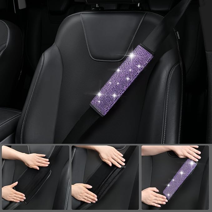 CAR PASS Bling Diamond Leather Car Seat Covers 11 PCS, Sparkly Rhinestone Steering Wheel Cover Glitter Cute Interior Car Accessories Sets Seat Belt Cushion Cup Holder Coaster Women Girl, Violet Purple