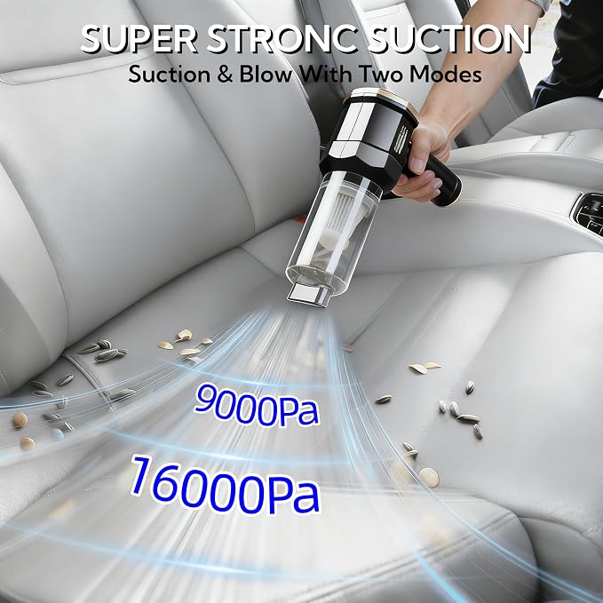 Handheld Car Vacuum Cleaner, 16000Pa Vacuum Cleaner and Air Duster, Portable Cordless Hand Held Vacuum with Brushless Motor and Multi-Nozzles for Car, Home, Office, Pet